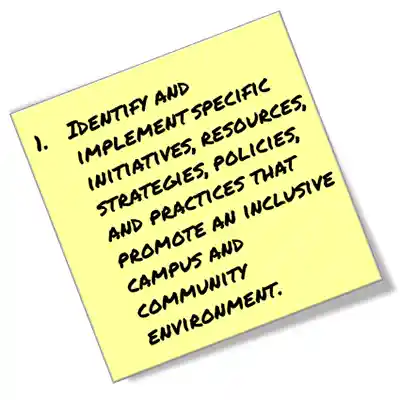 Identify and implement specific initiatives, resources, strategies, policies, and practices that promote an inclusive campus and community environment.