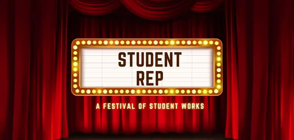 Student Rep Signage in front of Red Theatre Curtains