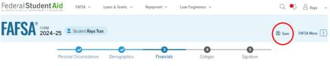 Federal Student Aid Menu with a circle on SAVE link