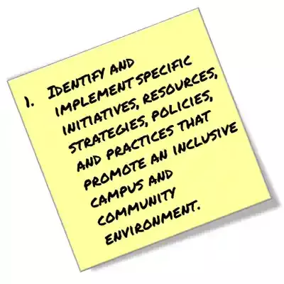 Identify and implement specific initiatives, resources, strategies, policies, and practices that promote an inclusive campus and community environment.