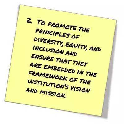 To promote the principles of diversity, equity, and inclusion and ensure that they are embedded in the framework of the institution’s vision and mission.