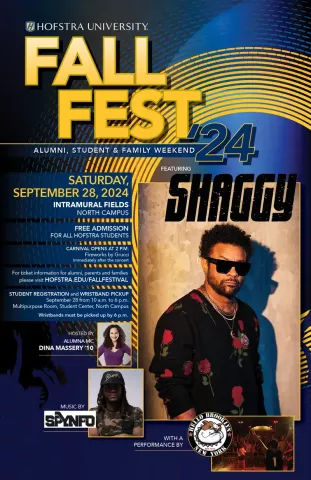 Hofstra University Fall Fest 24 - Shaggy - Saturday, September 28, 2024 - Intramural Fields - Hosted By Alumna MC Dina Massey - Music by Spynfo - with a performance by Hello Brooklyn New York