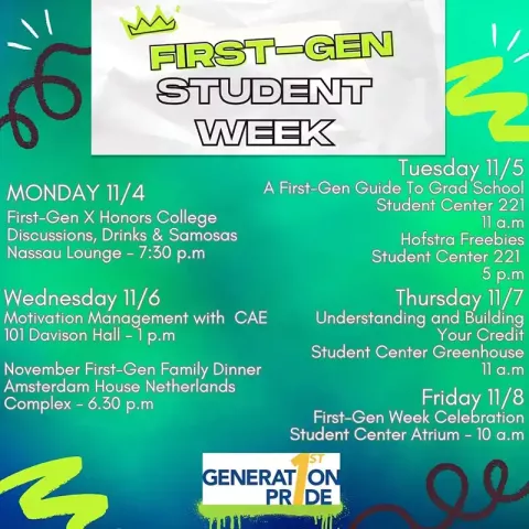 First-Gen Student Week flyer of activities. Please visit https://www.hofstra.edu/first-generation/students-week.html for event details or contact firstgen@hofstra.edu for assistance.